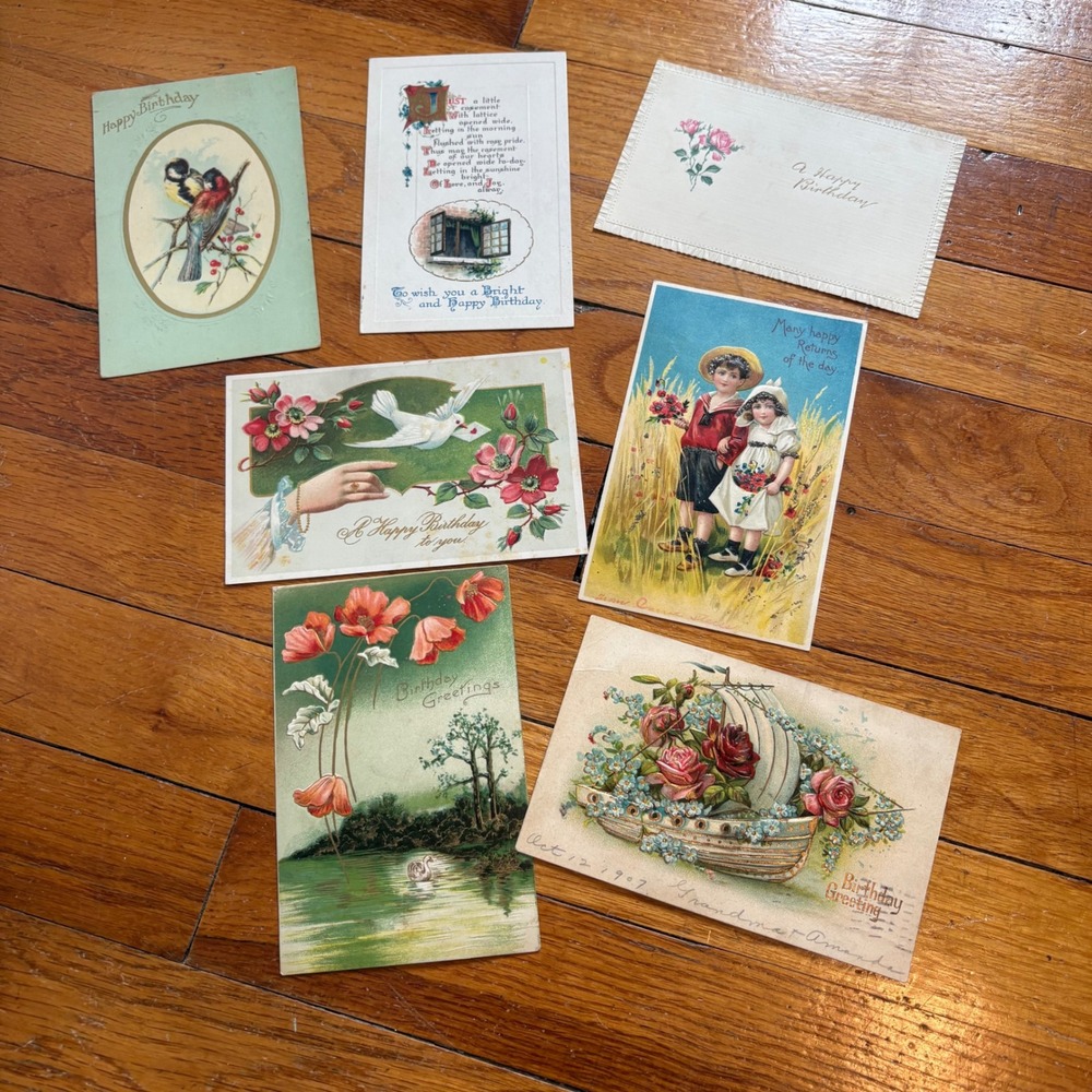 Vintage Birthday Postcard Lot of 7 Paper Ephemera Multicolor Antique